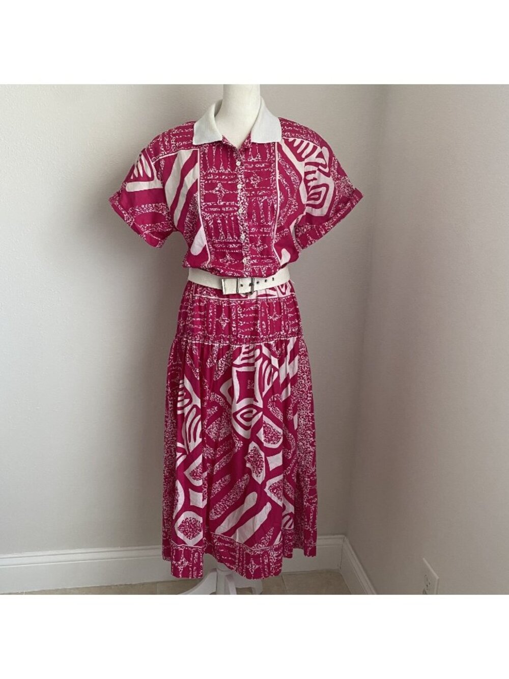 VTG John Henry Womens 10 Dress Pink and White Geometric 80s w Belt USA Made